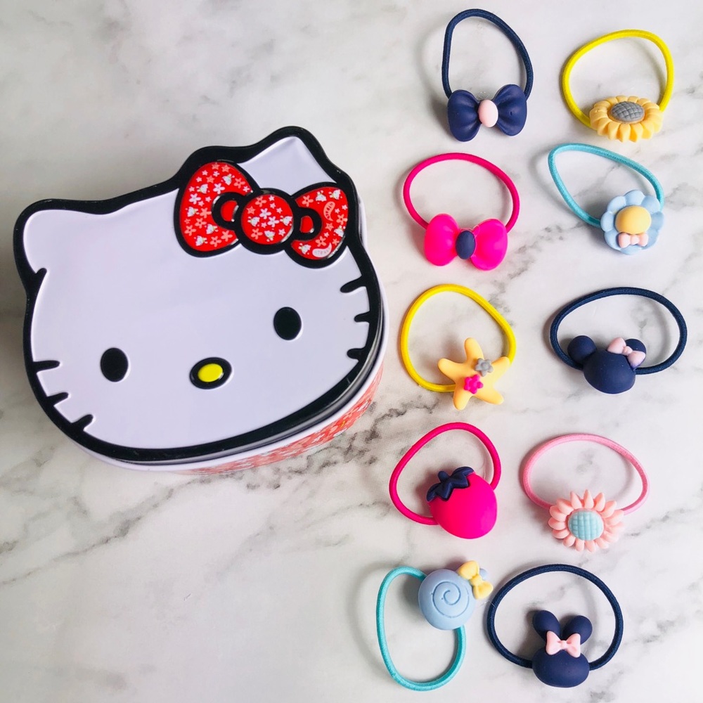 New! Hello Kitty Tin Box & 10 Colorful Hair Ties.